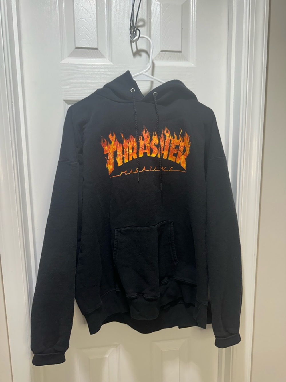 Thrasher Black Hoodie with Orange-Yellow Flame Logo